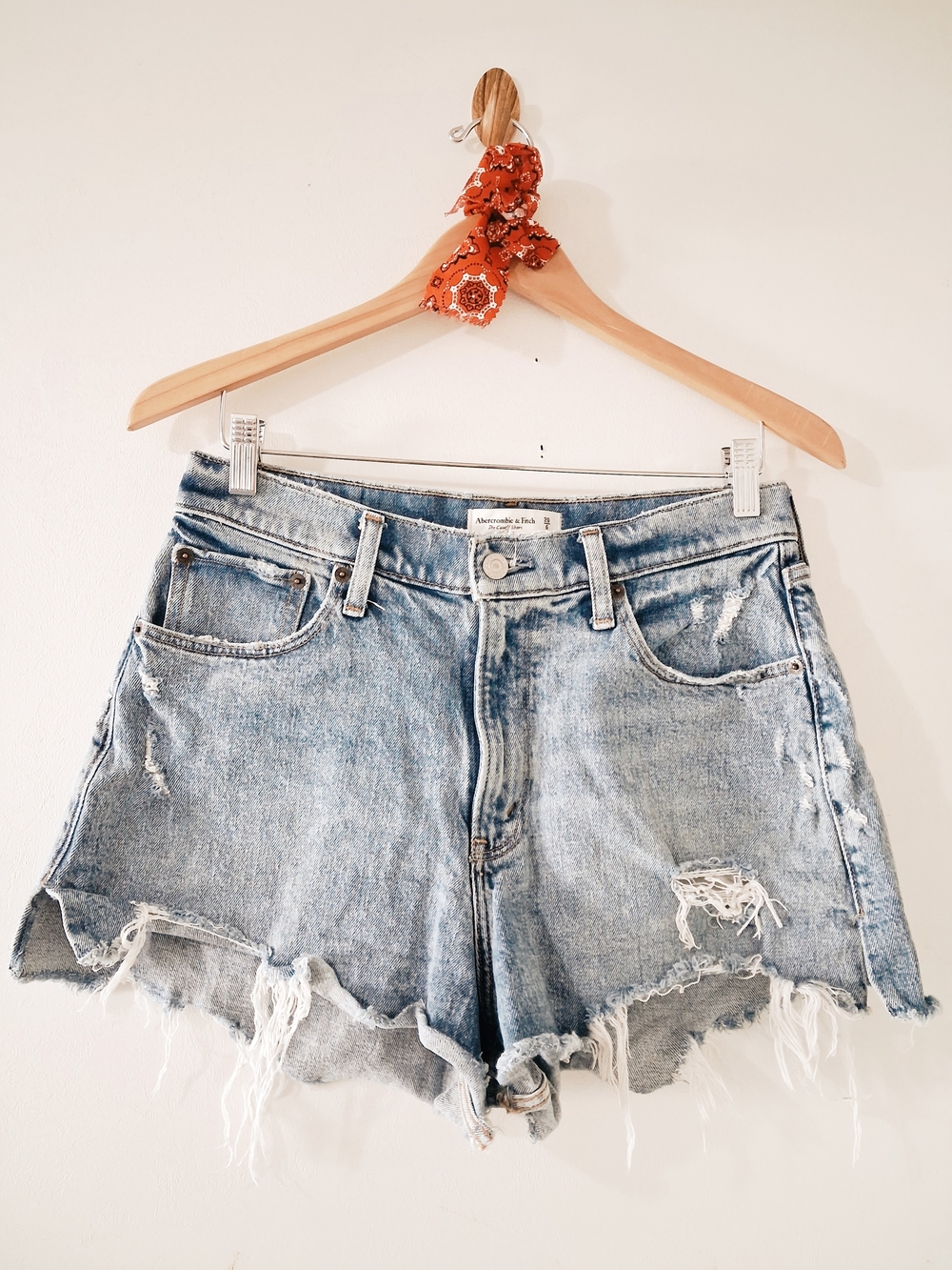 Abercrombie & Fitch Curve Love High Rise Medium Wash Distressed Cutoff Shorts